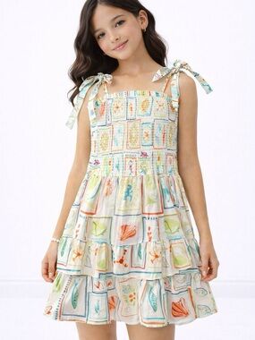 J.Marie Girls Lucia Tie Strap Smocked Tiered Dress White Size 14 NWT